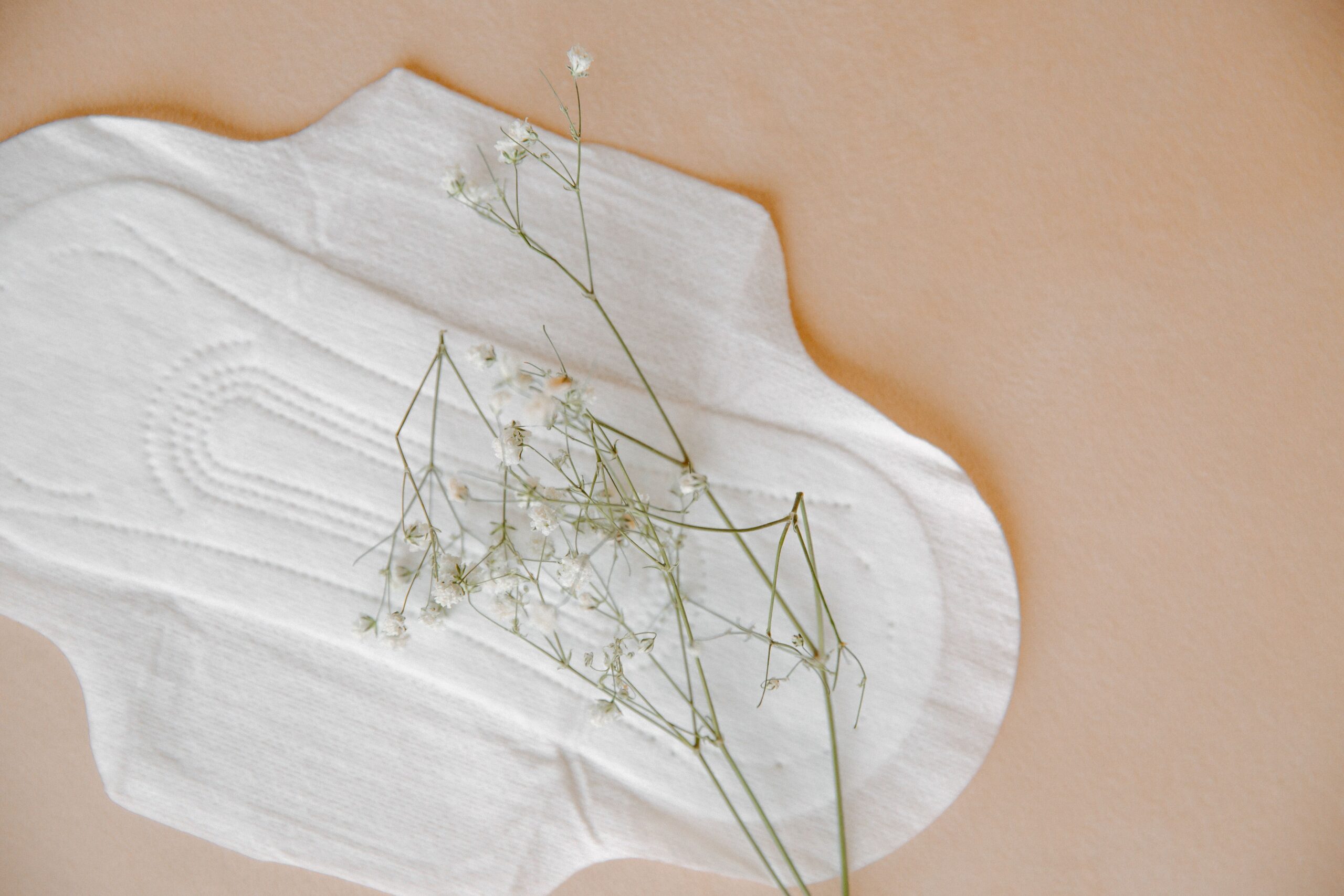 pexels-photo-3958547-3958547 Close-up of a sanitary pad with delicate flowers on a neutral background symbolizing feminine hygiene.