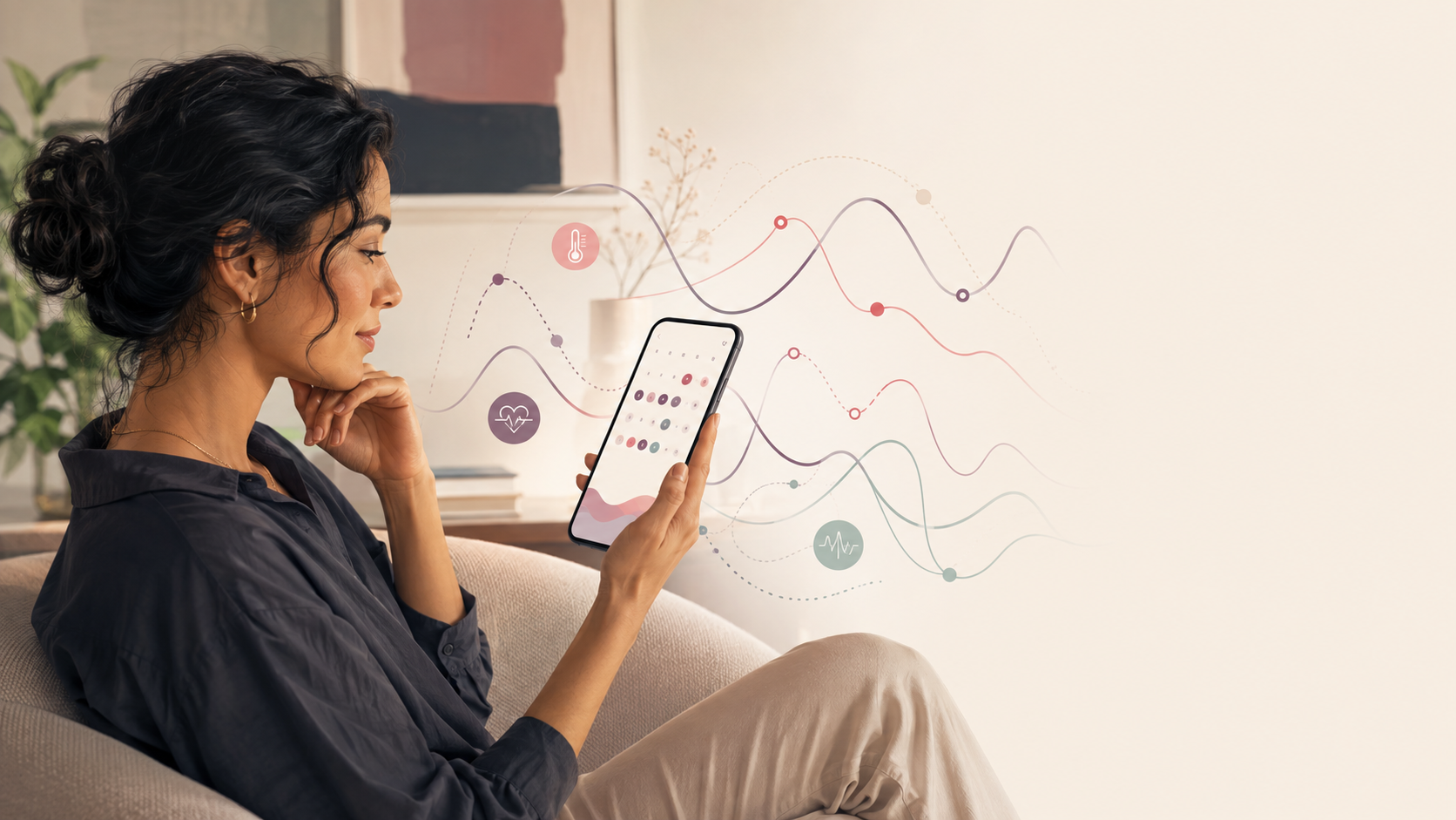 Woman reviewing a period app while visualized cycle signals show irregular ovulation patterns