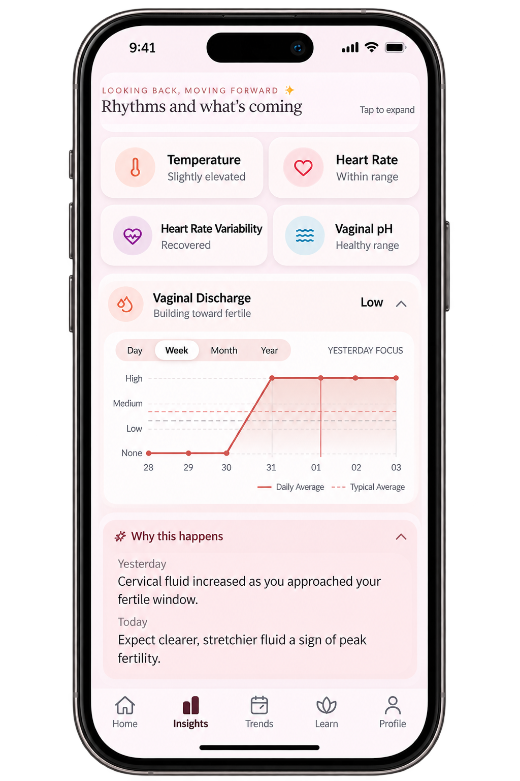 Fibra app screen showing what is normal for your cycle and the patterns that repeat across cycles