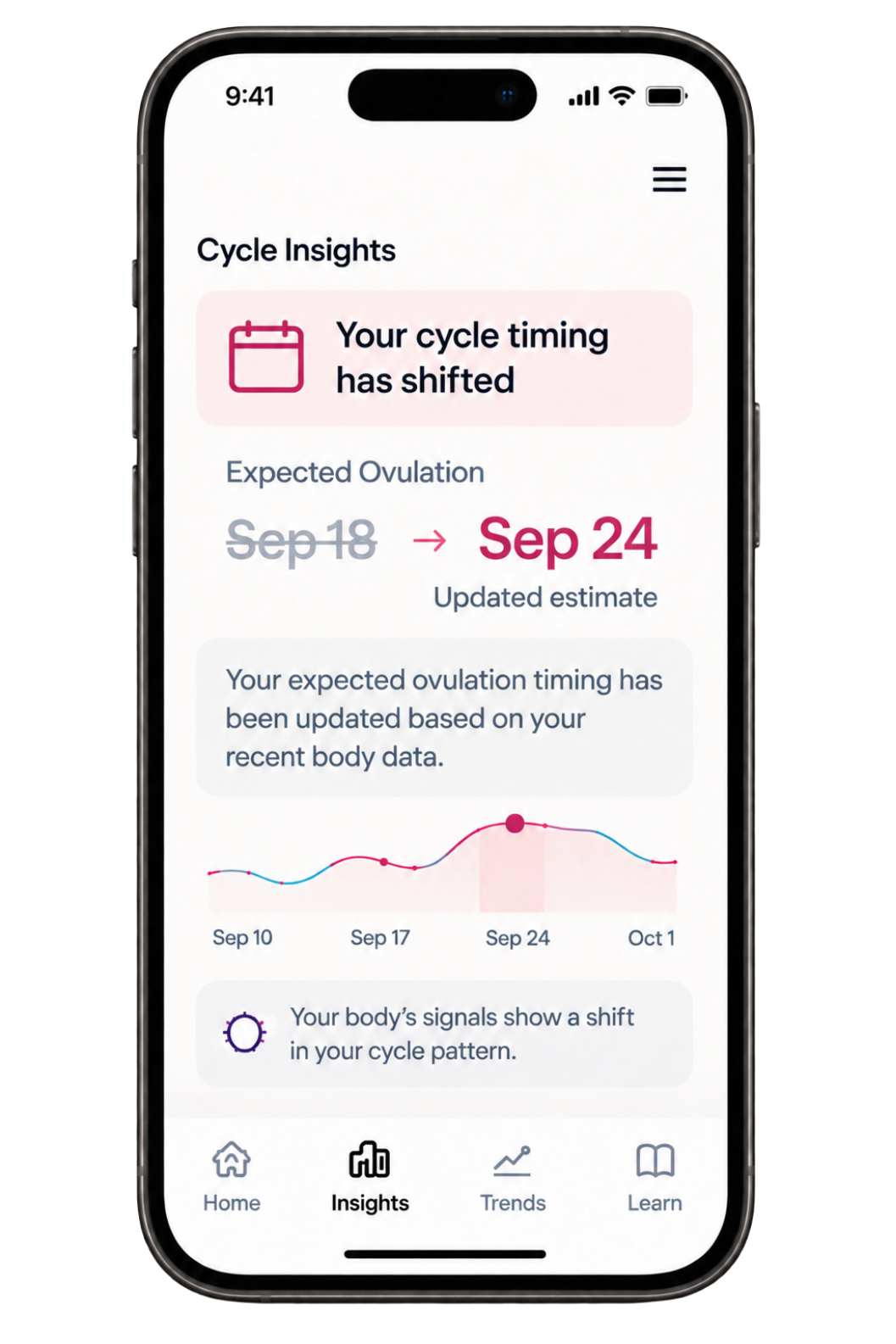 Fibra app screen showing an updated period prediction based on your changing body signals